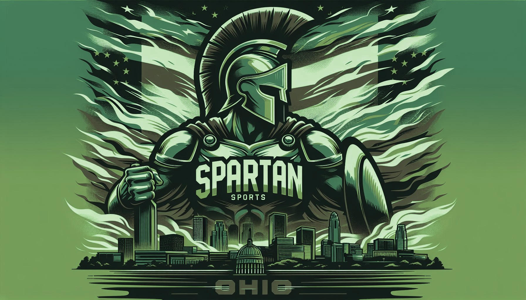 A Spartan warrior in front of an American flag over the Ohio skyline.