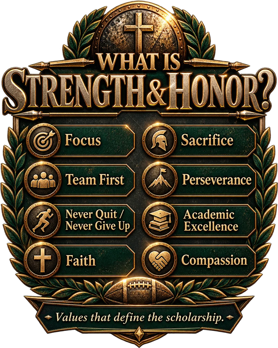 What is Strength and Honor? Values that define the scholarship: Focus, Sacrifice, Team First, Perseverance, Never Quit / Never Give Up, Academic Excellence, Faith, Compassion.